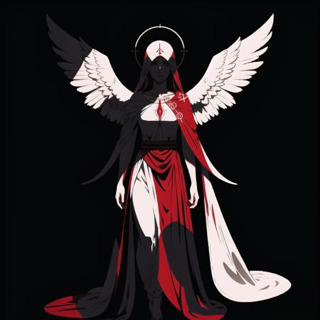 02141-2986840769-Magonia, two tone, blood, spot color, tears, halo, angel, black background, silhouette, 1girl, full body, looking at viewer.png